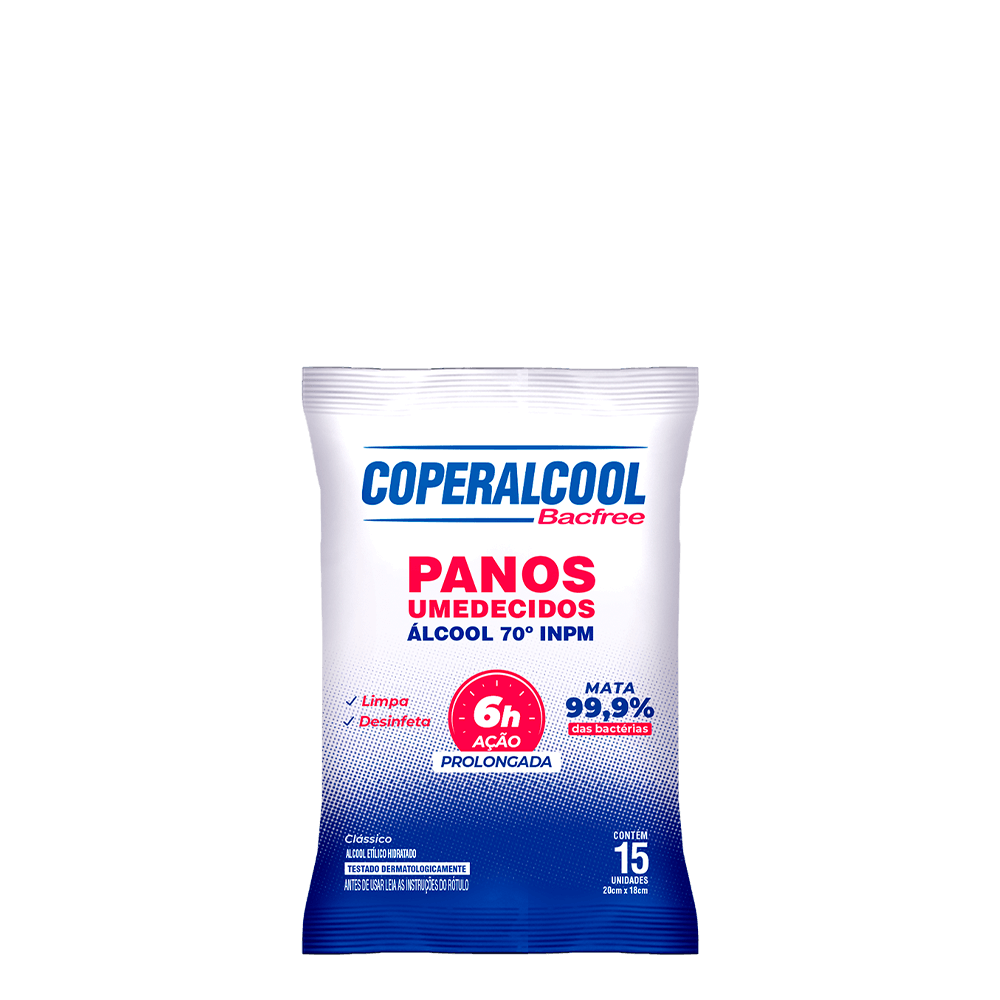Panos Umedecidos Coperalcool Bacfree 70°INPM Embalagem de Bolso Clássico 15 Panos