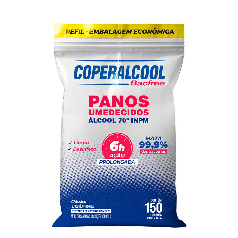 Refil Panos Umedecidos Coperalcool Bacfree 70°INPM Clássico 150 Panos