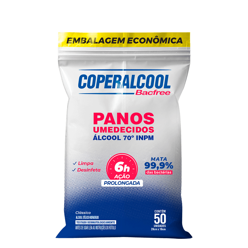 Refil Panos Umedecidos Coperalcool Bacfree 70°INPM Embalagem Econômica Clássico 50 Panos