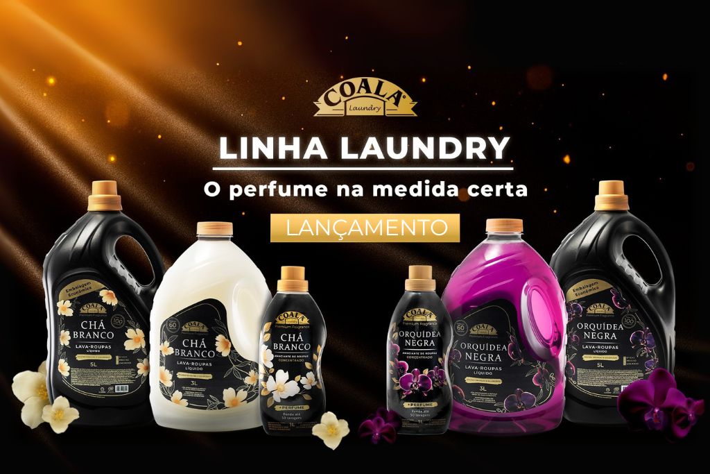 Imagem de lançamento da linha premium Coala Laundry com fragrâncias exclusivas Chá Branco e Orquídea Negra, incluindo lava-roupas e amaciantes em diferentes tamanhos.