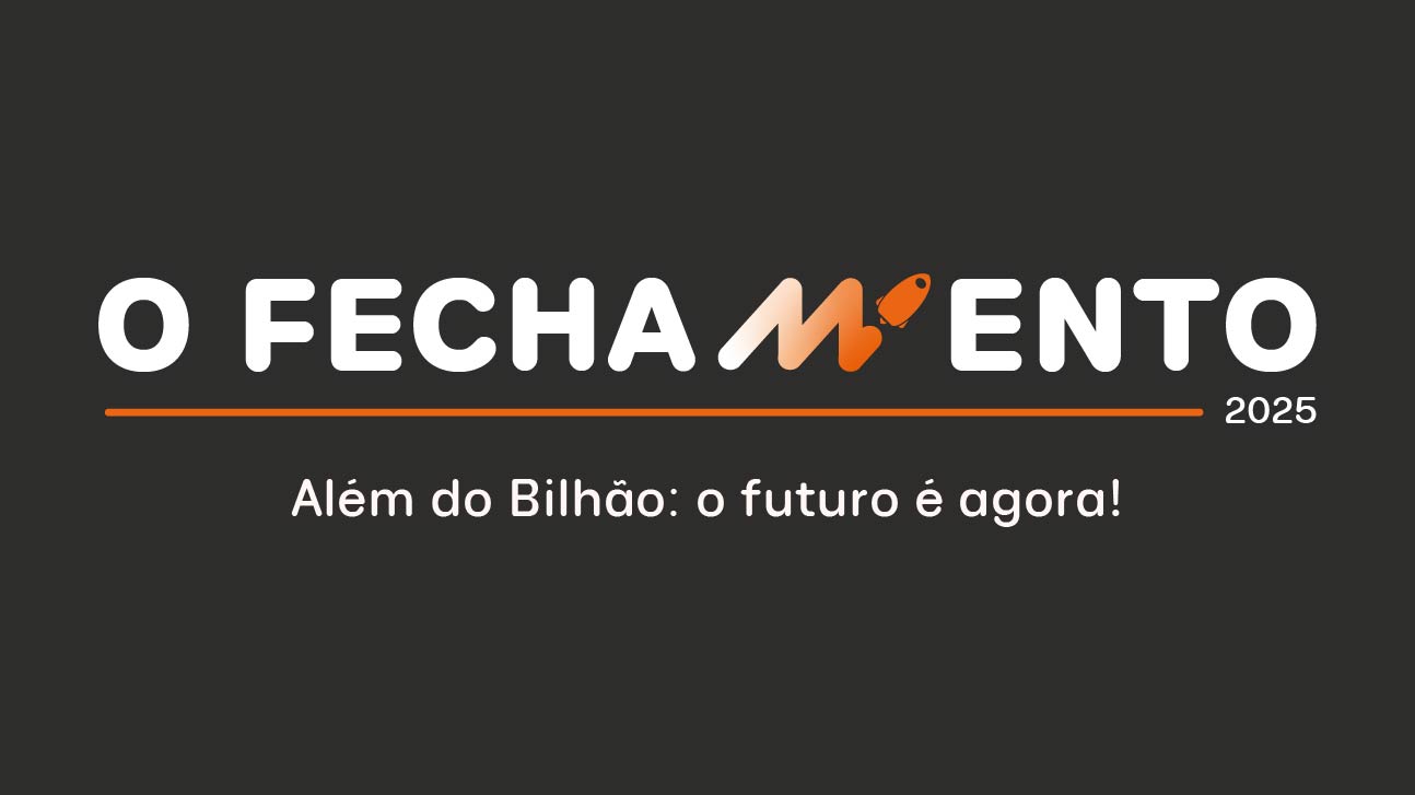 Arte oficial do evento “O Fechamento 2025” do Grupo MPR, com o lema “Além do Bilhão: o futuro é agora!”, em fundo preto com detalhes em laranja e branco.