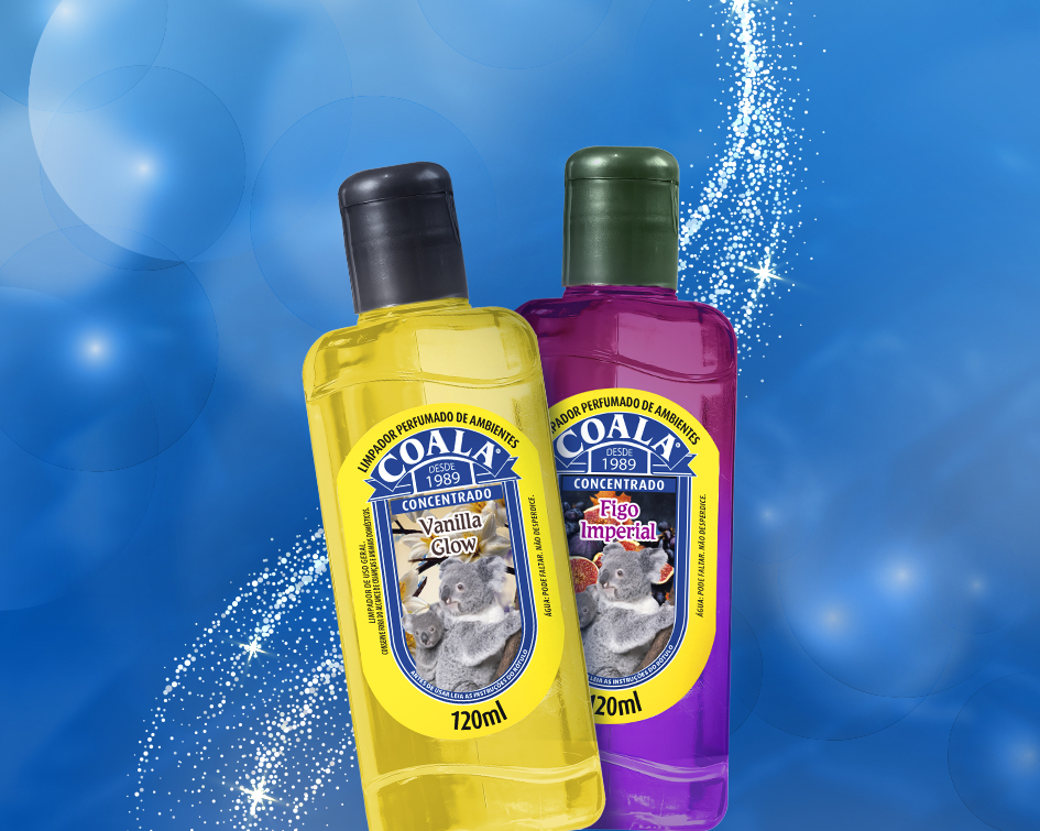 Frascos dos cheirinhos Coala nas fragrâncias Vanilla Glow e Figo Imperial, exibidos lado a lado sobre fundo azul com efeitos de brilho.